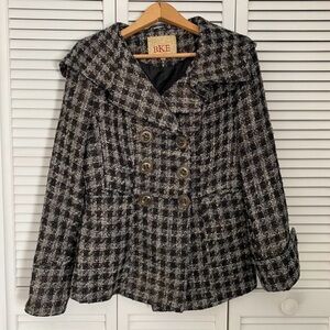 BKE Women's Black and Gray Plaid Peacoat